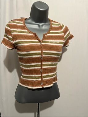 Five Star Brown & Green Striped Ribbed Button-Front Crop Top